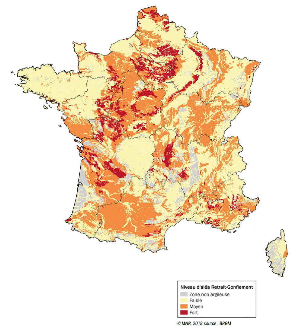 Carte représentant les niveaux d'aléas de retrait gonflement en France